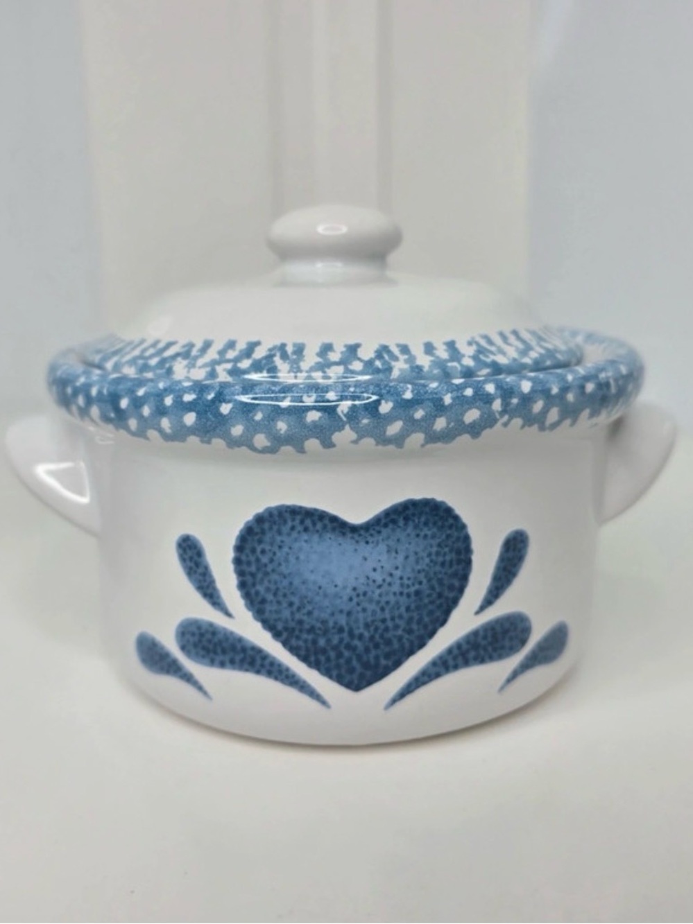Farmhouse Corelle County Hearts Blue Spongeware Soup/Sugar Bowl Lid-6in